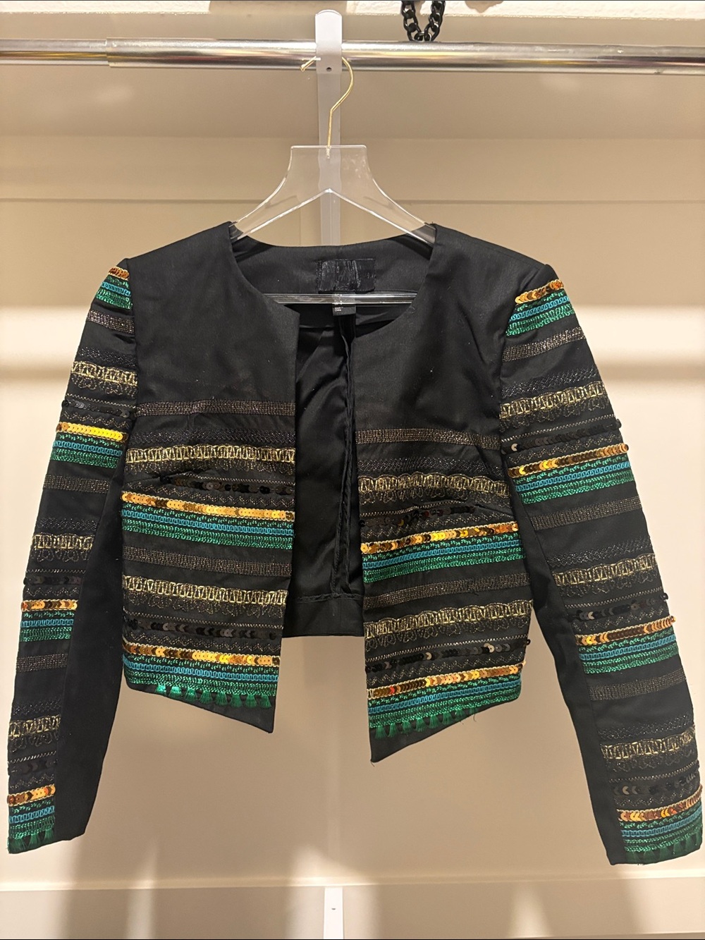 H&M Black Cropped Blazer with Green & Gold Embroidered Stripes